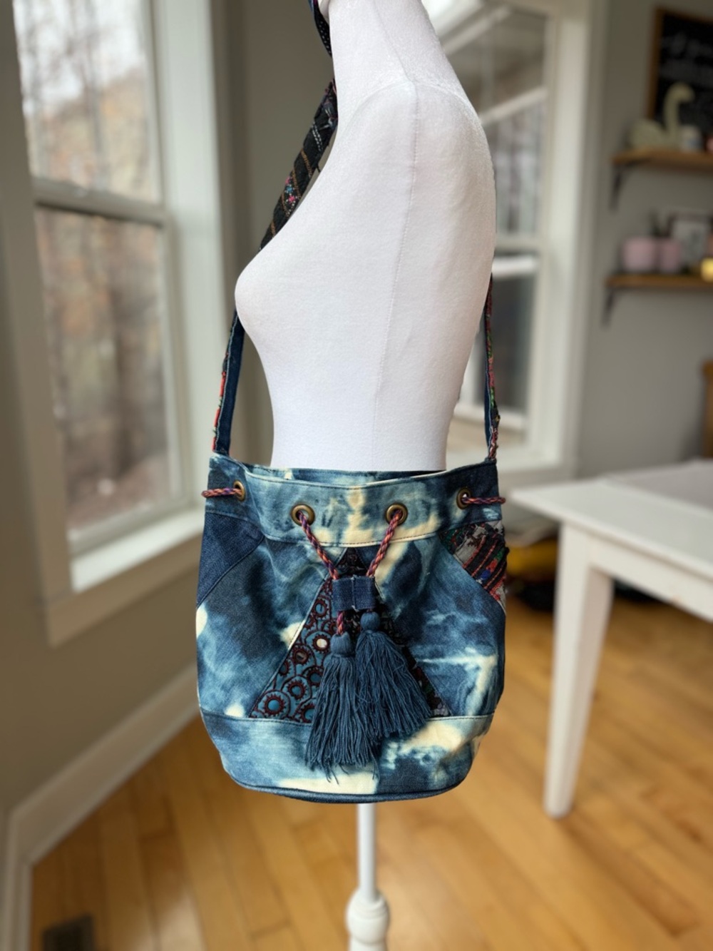 Earthbound Trading Co. Navy Blue Embroidered Fringe Tassel Bucket Bag Crossbody - Picture 11 of 11